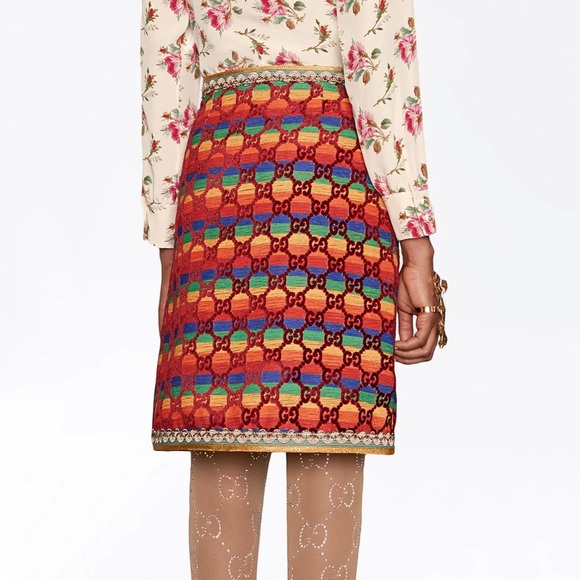 Gucci Rainbow Logo Skirt SS18 Runway Size IT38 US2 XS Raised Velvet GG pattern - Picture 1 of 14